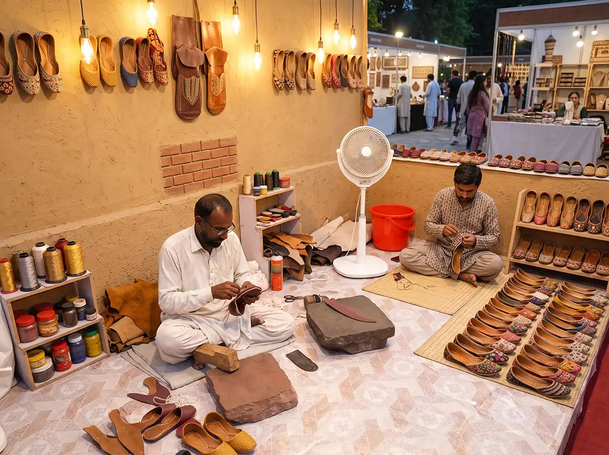 Shoppers browsing bags and jewellery at a craft stall