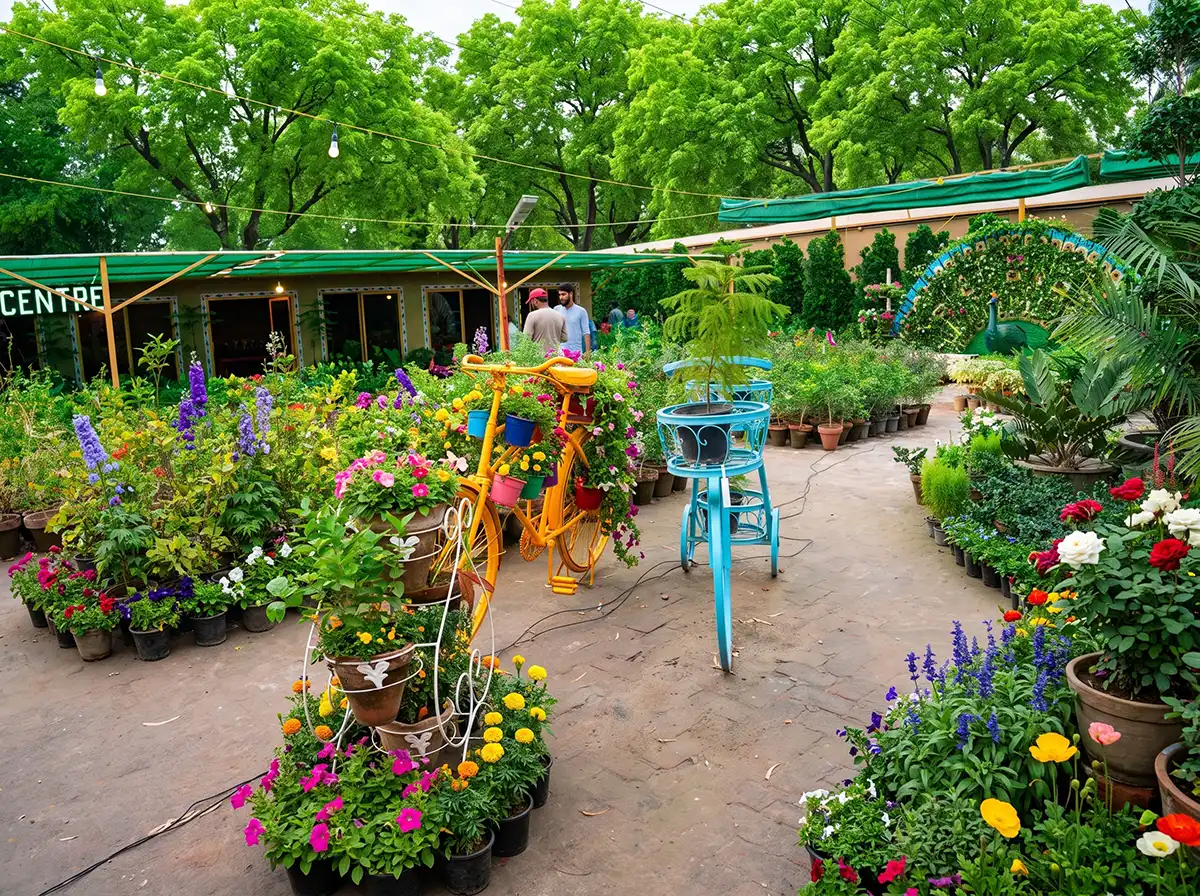 Main aisle view of Lahore Garden Center showing varied potted plants