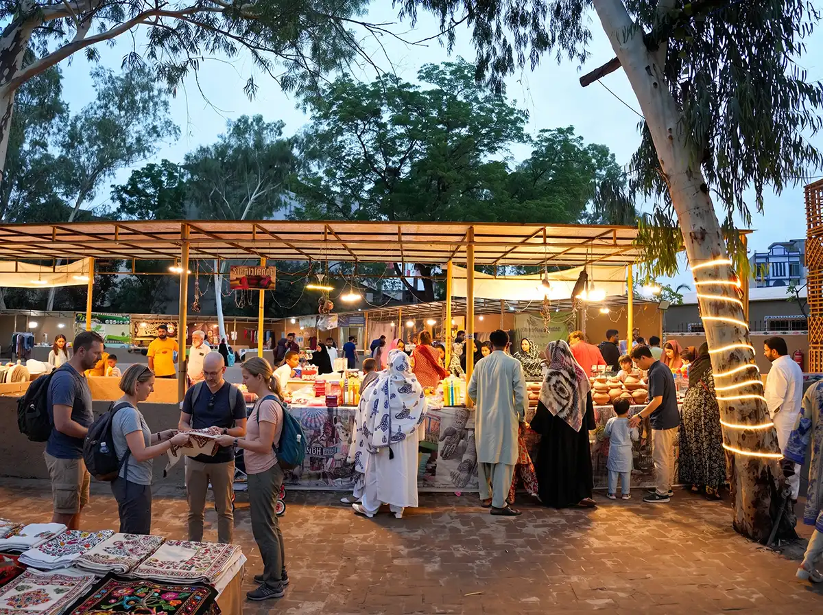 Visitors shopping in the evening at Hunner Gali stalls