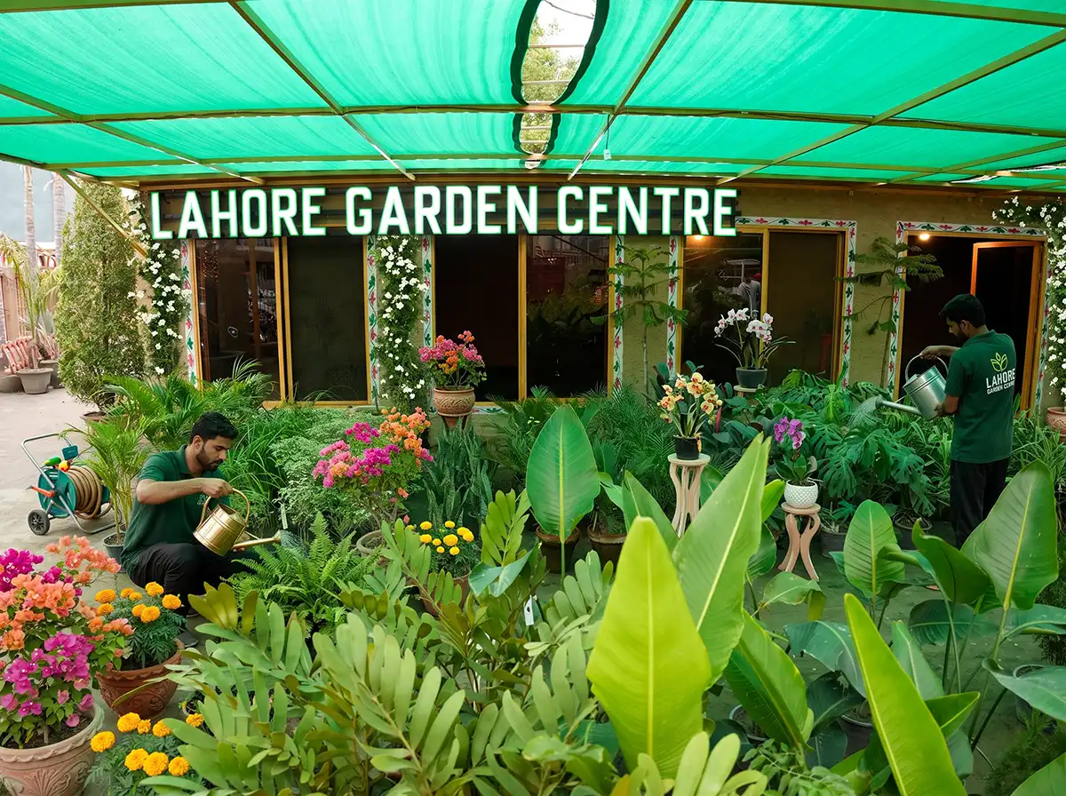 Long rows of nursery plants under green shade cloth