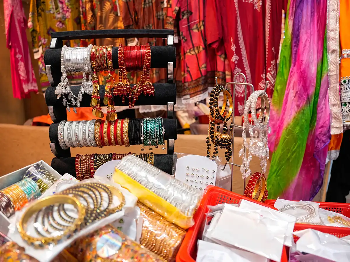 Bangles and jewellery on display at a craft stall