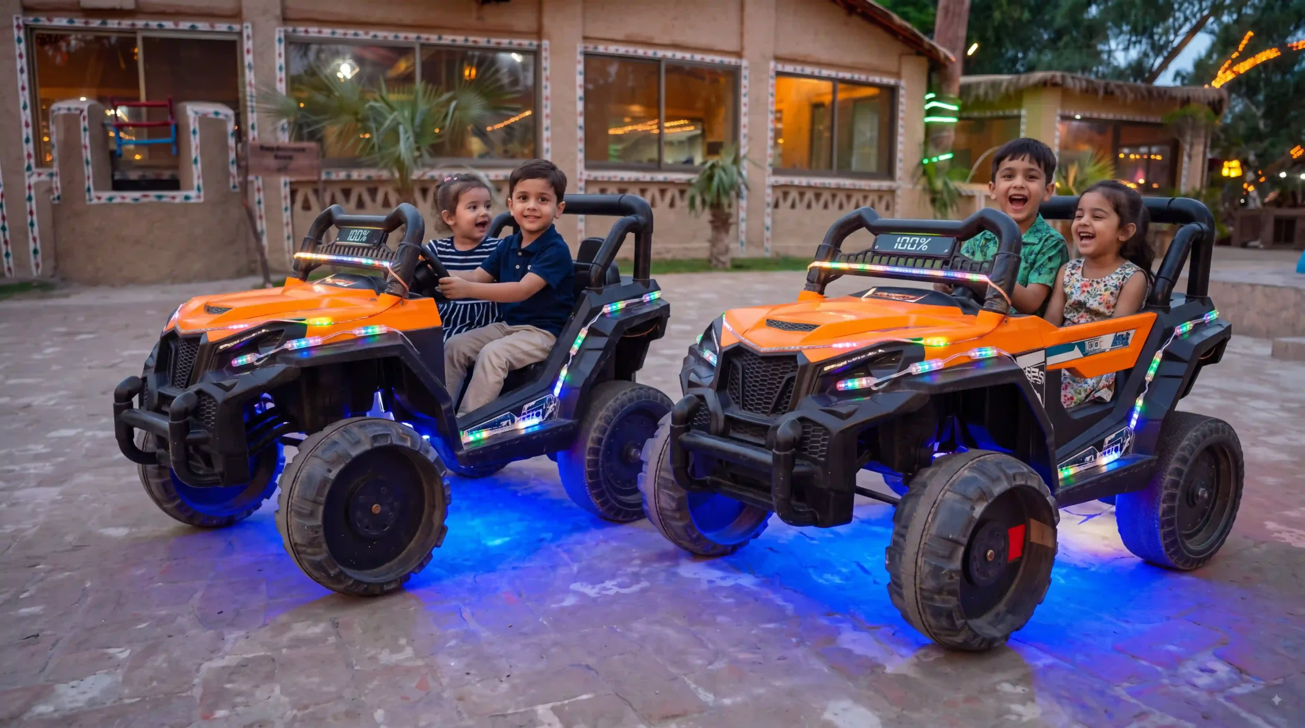 Kids driving electric mini cars at Lahore Organic Village