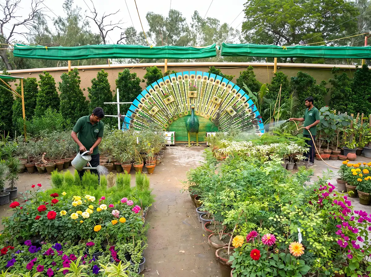 Shaded section of the nursery with diverse potted plants