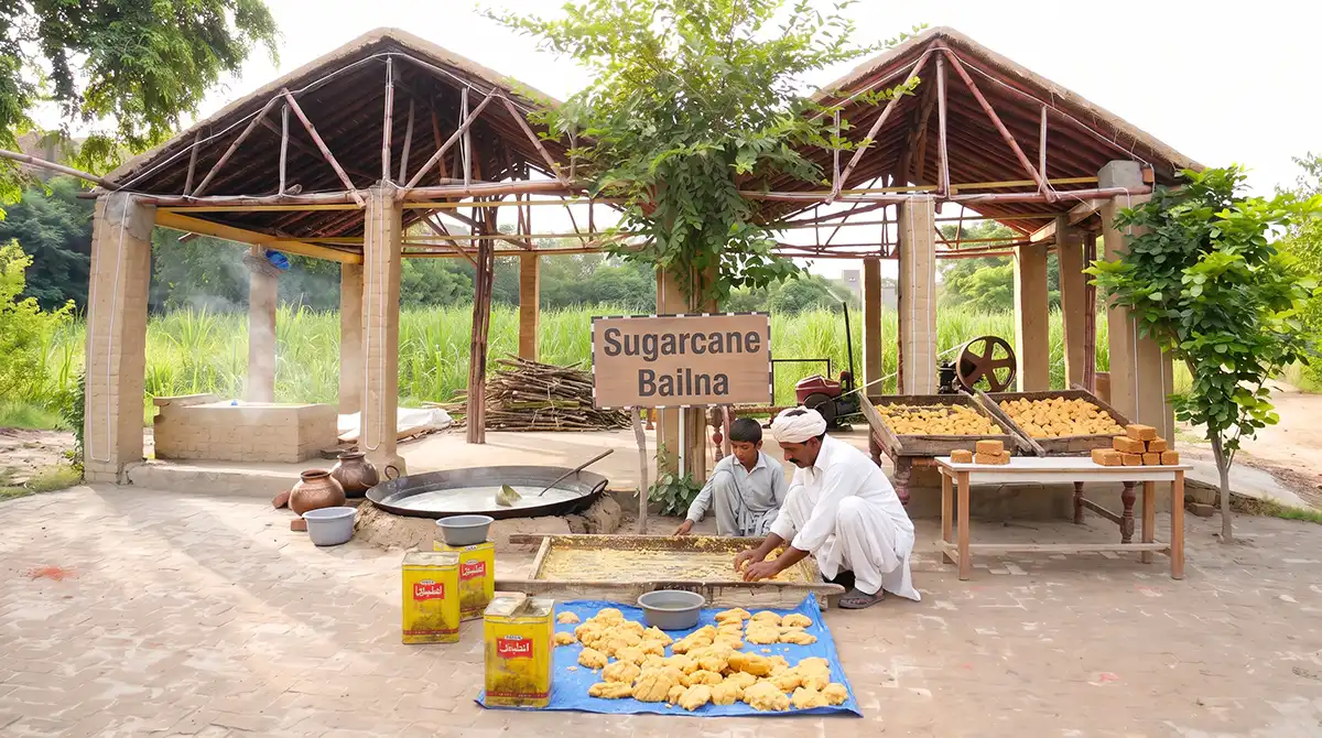 Pakistani farmer stirring boiling sugarcane juice for gurh