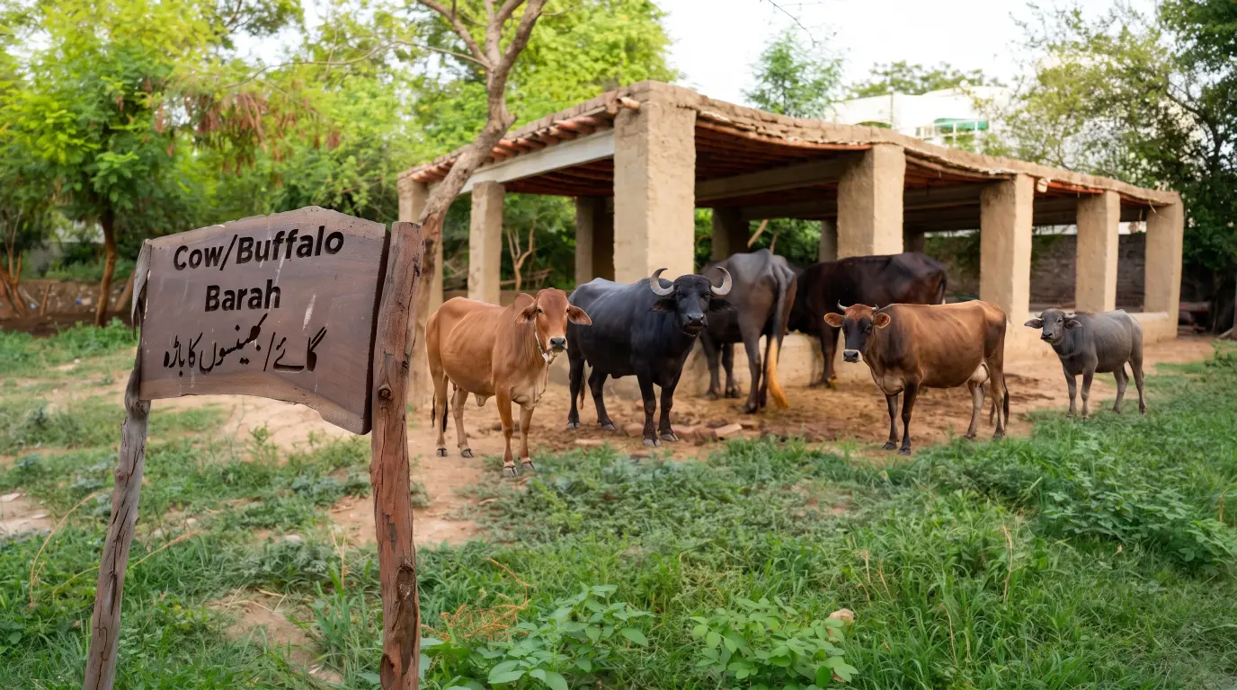 Entrance signboard of Cow and Buffalo Barah at Lahore Organic Village, Lahore Organic Village