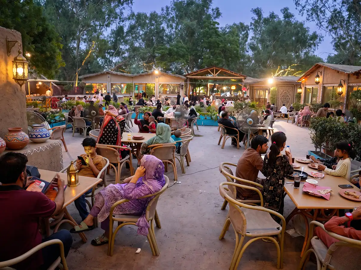 Bustling outdoor courtyard filled with families dining at dusk under warm lanterns at Chaye Dera in Lahore Organic Village