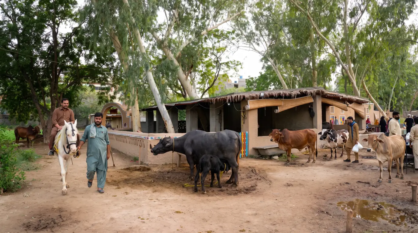 Visitors and cattle at Lahore Organic Village dairy farm area