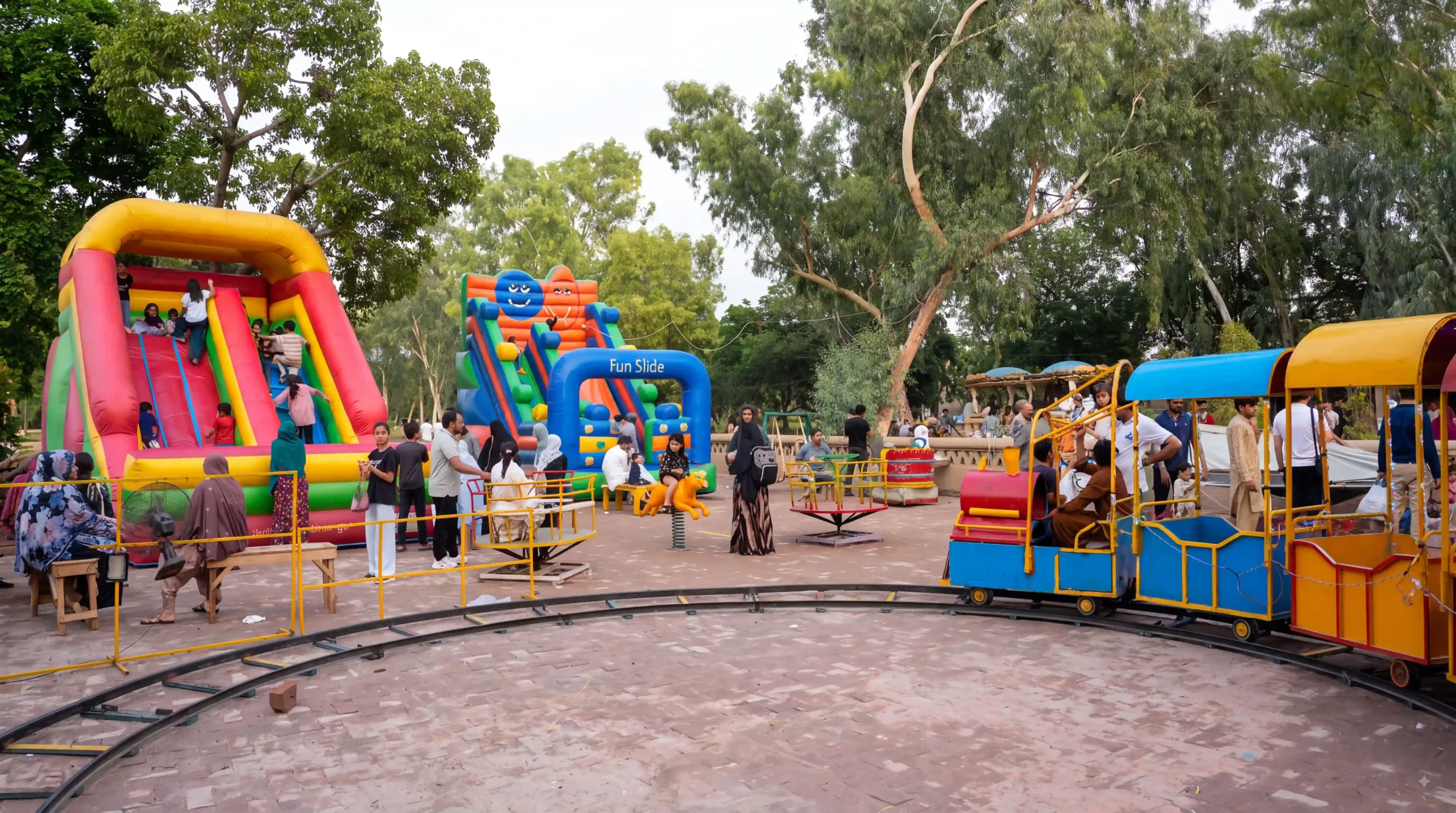 Children enjoying rides, slides, and train tracks in outdoor kids park