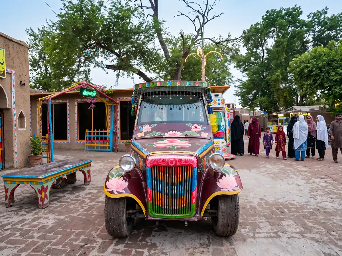 Front view of the hand-painted truck art golf cart parked in the village courtyard