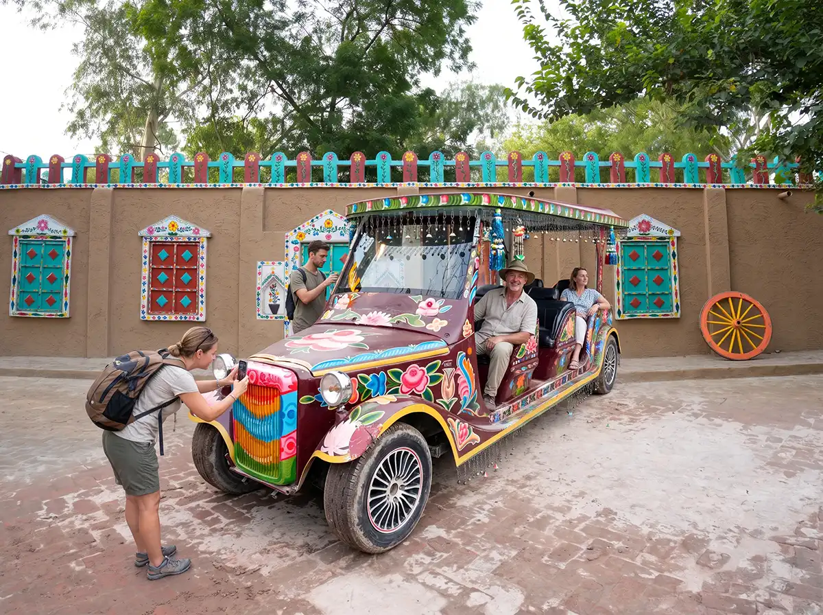 Visitors interacting with and photographing the vibrant truck art golf cart at Lahore Organic Village
