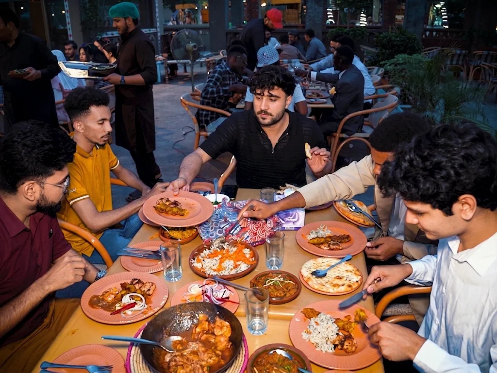 Friends sitting together and enjoying a meal at Desi Dhaba, Lahore Organic Village