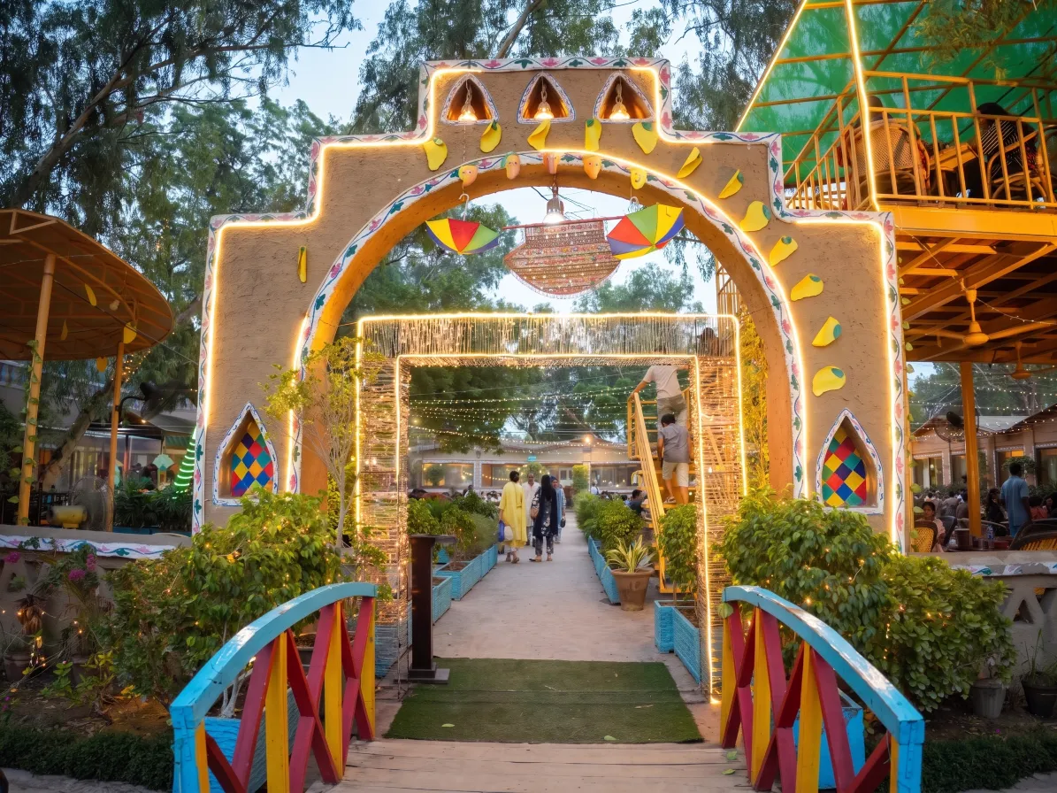 Lit up pathway leading into Desi Dhaba, Lahore Organic Village