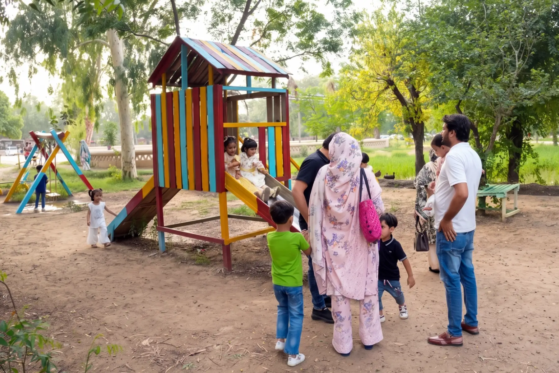 Happy children playing on a merry-go-round ride in kids playground