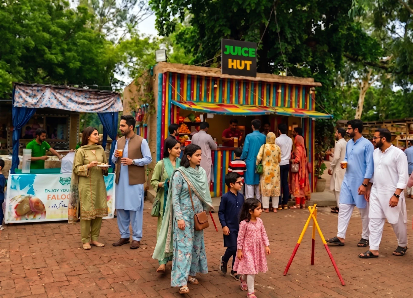 Families sitting outdoors enjoying fresh organic juice and chilled falooda