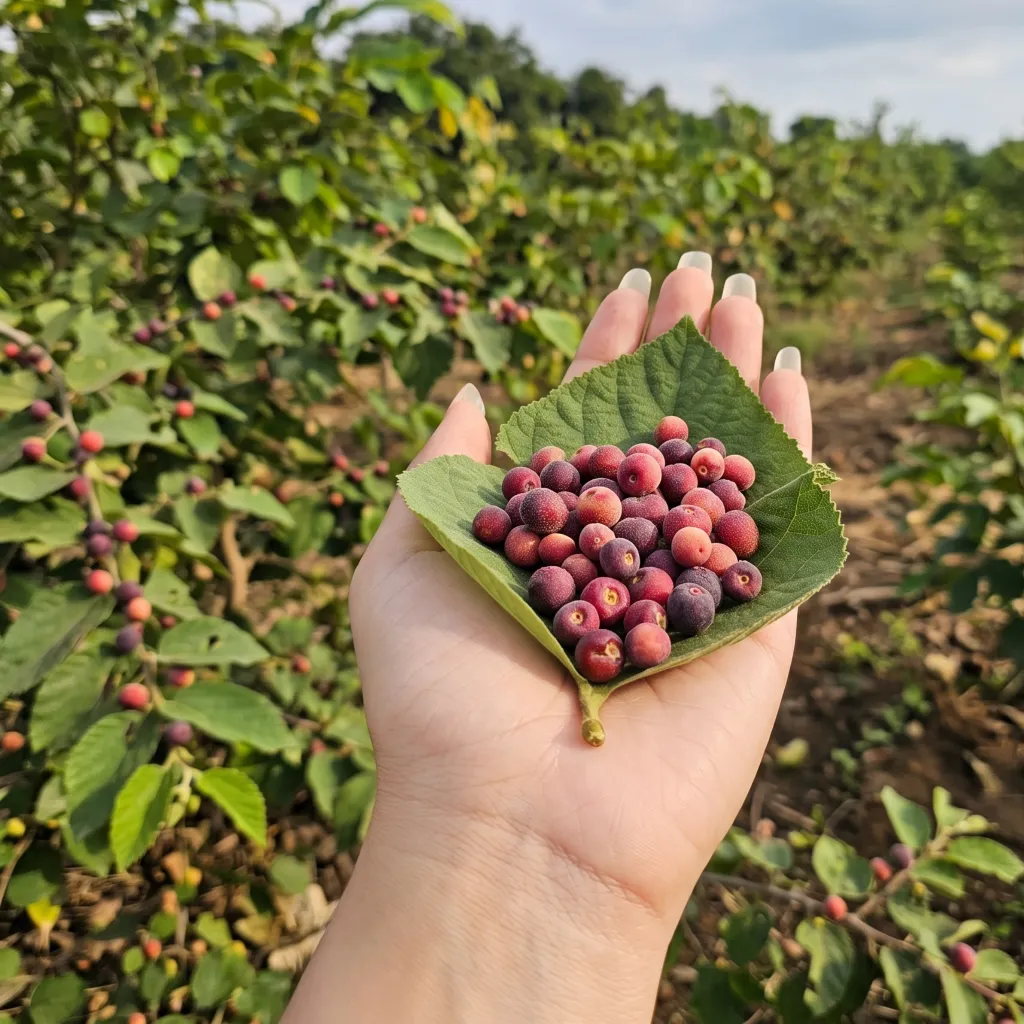 Fresh Falsa berries held on a leaf in the orchard