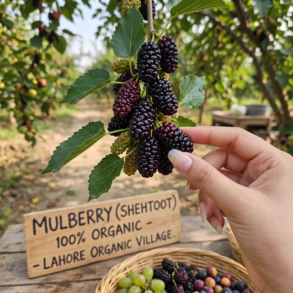 Hand picking ripe organic mulberries at Lahore Organic Village