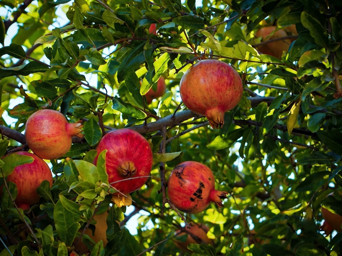 Ripe pomegranates on a healthy tree