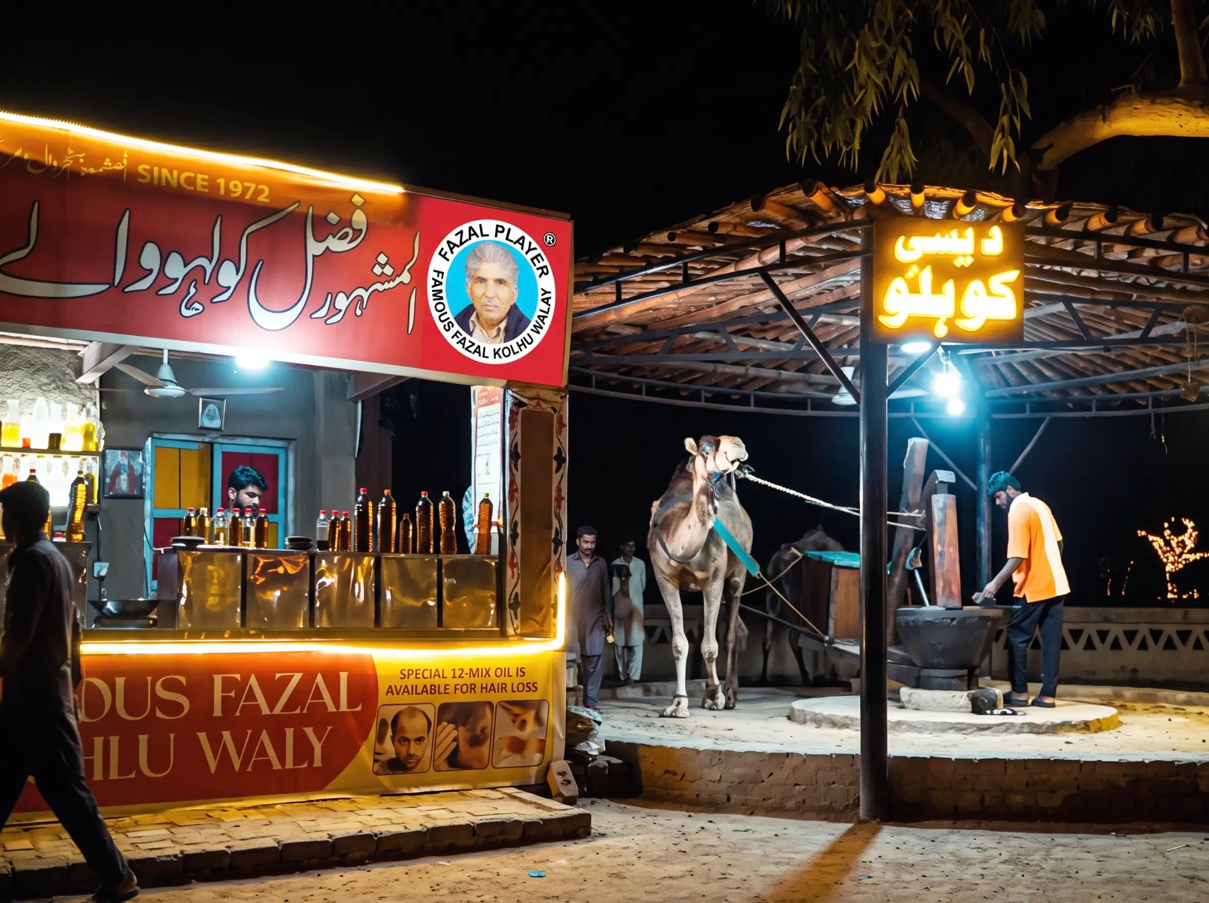 Famous Fazal Player Kohlu Waly shop in Lahore, showing the nighttime camel-driven wood-pressed oil process.