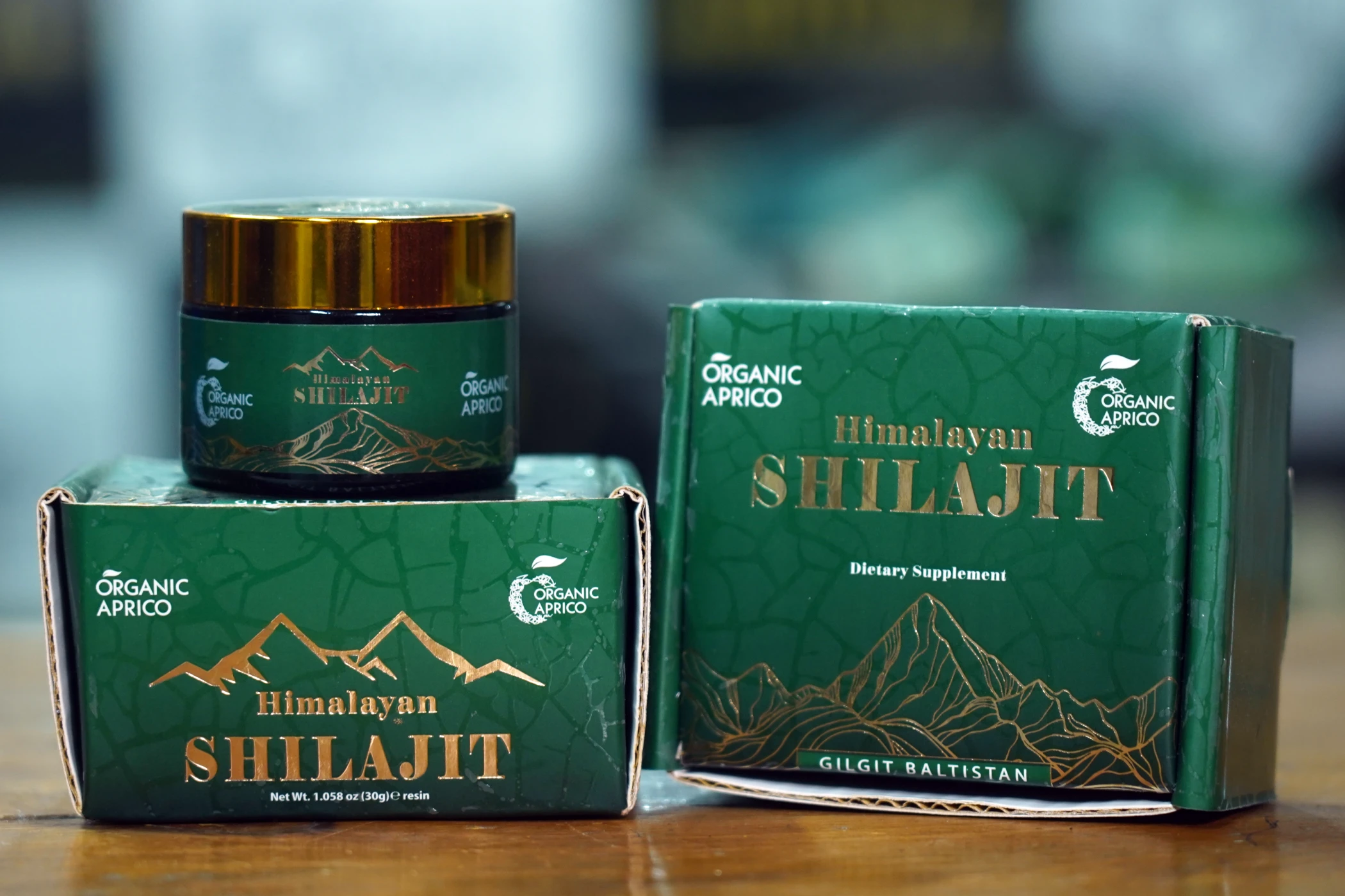 Pure Himalayan Shilajit resin dietary supplement box and jar from Gilgit Baltistan by Organic Aprico Lahore Organic Village.