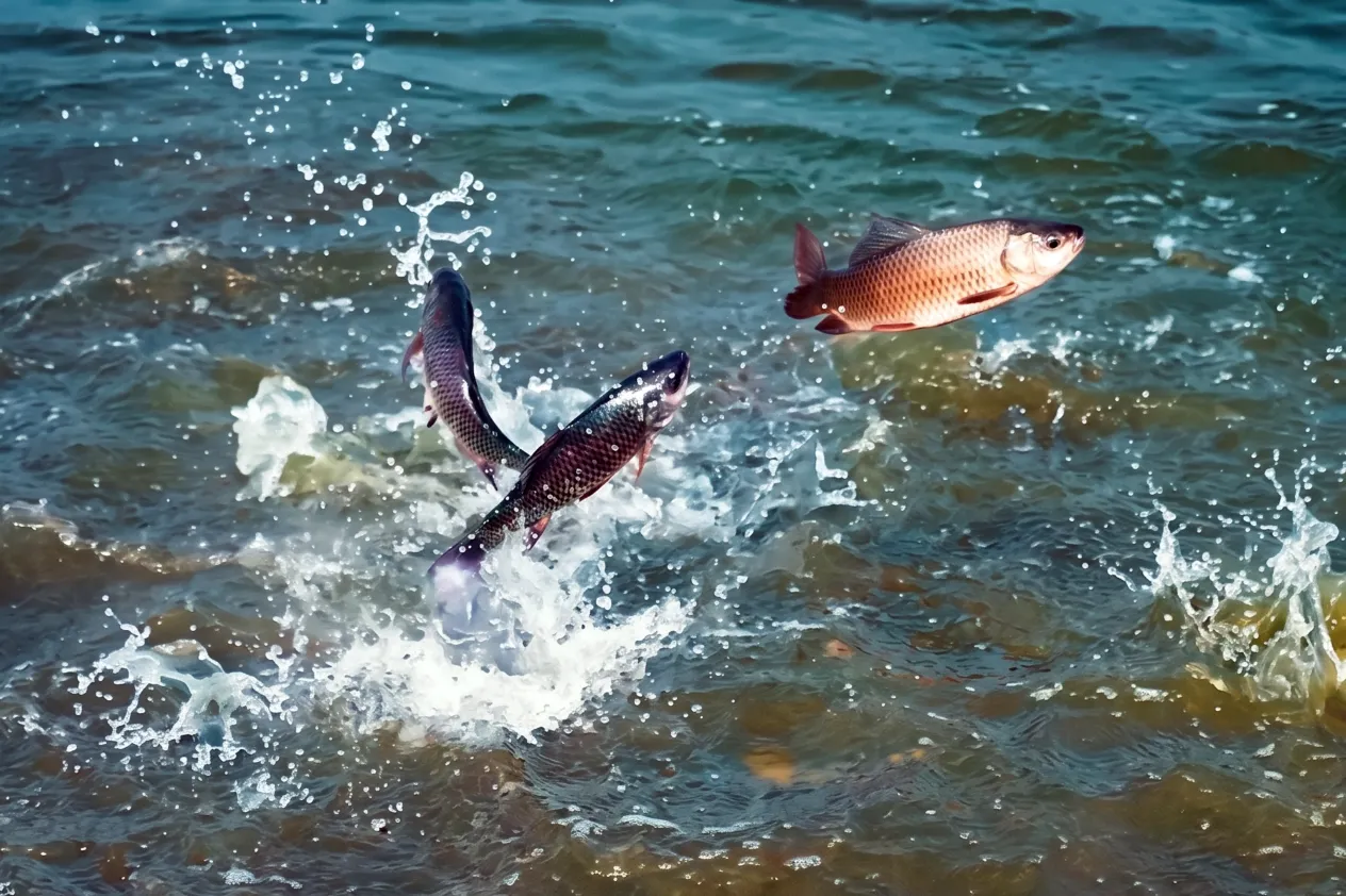 Action shot of multiple fish jumping out of churning pond water with dramatic white water splashes.