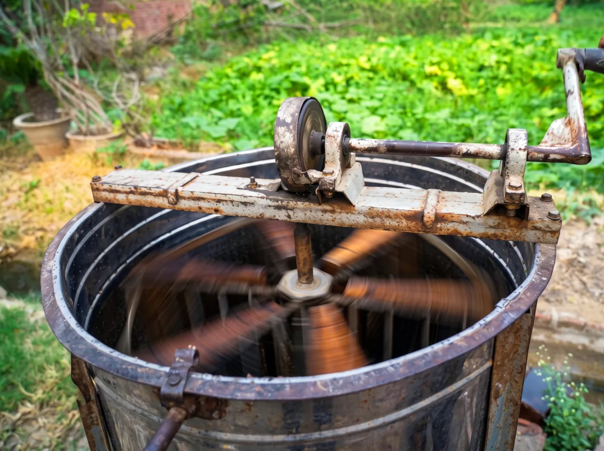 Close-up top angle of a rotating manual stainless steel honey extractor spinning frames in an organic farm setting.